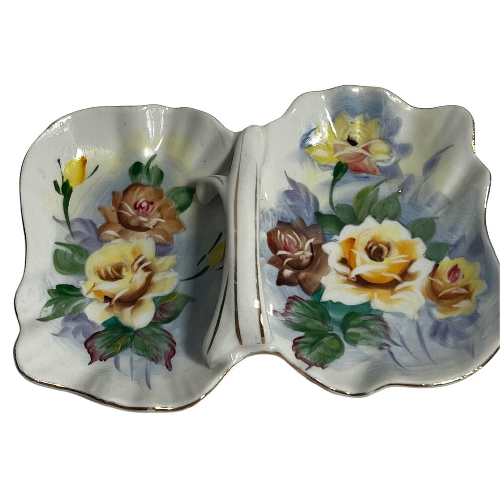 Vtg Japan UCAGO Handpainted Divided Candy Trinket Relish Ceramic Dish Floral Dec